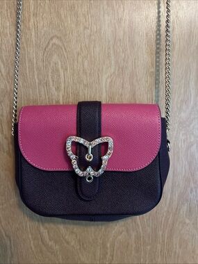 COACH Pink and Dark Brown Crossbody Bag with Crystal Heart Buckle